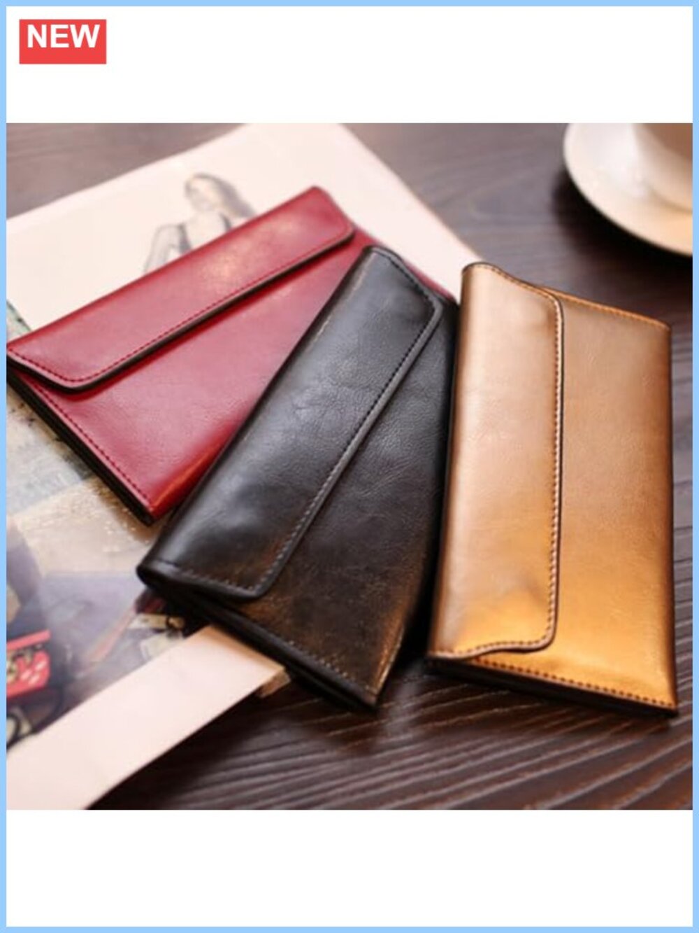 Retro Leather Envelope Wallet Magnetic Snap Slim Card Holder Clutch - Picture 6 of 6